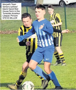  ??  ?? Morpeth Town Seniors (yellow/ black) faced Red House Farm in the Tyneside Amateur League. Picture: STEVE MILLER