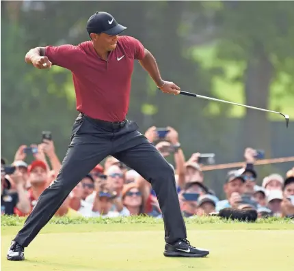  ?? JOHN DAVID MERCER/USA TODAY SPORTS ?? Tiger Woods celebrates his birdie on 18 that led to him finishing second in the PGA.