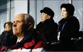  ?? PATRICK SEMANSKY / AP ?? Kim Yo Jong, top right, sister of North Korean leader Kim Jong Un, sits behind U.S. Vice President Mike Pence during the opening ceremony of the 2018 Winter Olympics in Pyeongchan­g, South Korea. The two did not speak.