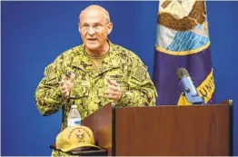  ?? JARROD VALLIERE U-T ?? Admiral Michael M. Gilday, Chief of Naval Operations, visited the Bonhomme Richard on Friday and spoke at a press conference nearby.