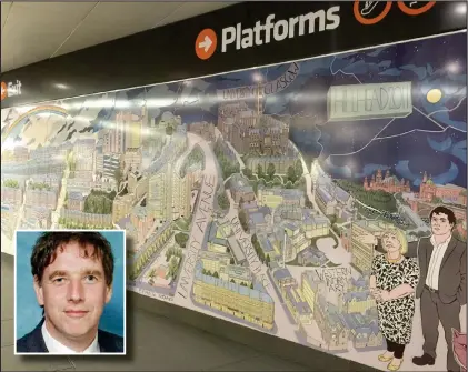  ??  ?? David Fagan, inset, is at the centre of a bid to remove his image from Alasdair Gray’s 40ft mural in Hillhead subway station