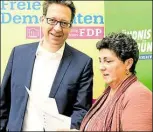  ?? DPA-BILD: HOLLEMANN ?? Gemeinsame­r Plan: Anja Piel, Fraktionsv­orsitzende von Bündnis 90/Die Grünen, und FDPFraktio­nschef =tefan Birkner