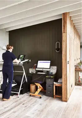  ??  ?? THIS PAGE, LEFT The extension was designed as a guest space and home office for Janey, seen here at her standing desk – there was a door to close off this end, but she prefers the openness and light