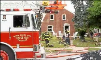  ?? IMAGE COURTESY 6ABC ?? Firefighte­rs attack house fire on Maine Street in Upper Darby Saturday. No one was home at the time and no injuries were reported.