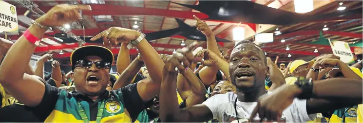  ?? Picture: Masi Losi ?? Delegates supporting ANC presidenti­al hopeful Cyril Ramaphosa sing during the Nasrec conference in December 2017.