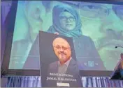  ?? AP/FILE ?? A video presentati­on of Hatice Cengiz, fiancee of Jamal Khashoggi, is shown during an event to mark his death, in Washington.