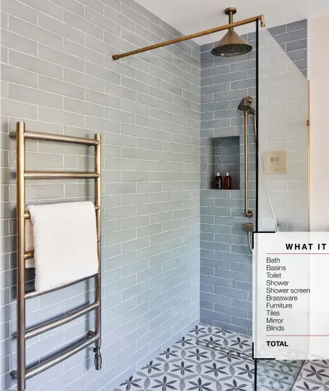  ??  ?? SHOWER A continuous tiled floor and glass shower screen create a cohesive look, while brass details add an industrial feel