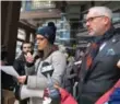  ??  ?? Jelena Leung speaks at a rally for friends and family of officers at police headquarte­rs on Monday.