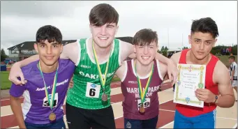  ??  ?? Under 16s Discus winners who were presented with their medals, from left, Aaron Malik (Ardfert, 1st), Sean Quilter (Oakpark, 2nd), Cillian Griffin (Manor, 3rd) and Ozdeniz Koyun (Kenmare, 4th)