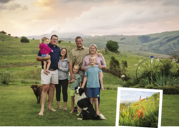  ??  ?? MAIN PHOTO The Niebuhrs pose for a family photo in their garden. From left are Uwe and Ulrike with Micaela (2); and Martin and Nicola with their sons, Carsten (7) and Kyle (10), and their dogs, Maddy the Labrador and Waggies the border collie.
INSET ABOVE November is the best month for a Lüneburg flower visit. A local farmer offers guided tours featuring a variety of orchids.
LEFT Carsten, Micaela and Waggies play in the garden while the adults braai. The previous evening’s dinner for everybody was at Martin and Nicola’s; and this evening everyone was at Uwe and Ulrike’s.