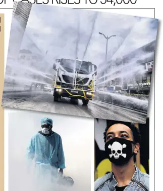  ??  ?? DRASTIC Vehicles attempt to disinfect streets in Damascus, top. Above left, health worker in India and, right, man with face mask in New York