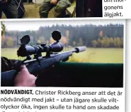  ??  ?? NÖDVÄNDIGT. Christer Rickberg anser att det är nödvändigt med jakt – utan jägare skulle viltolycko­r öka, ingen skulle ta hand om skadade djur och bönderna skulle inte kunna odla.