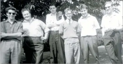  ??  ?? Hadfield College, Durham 1957, (from left) Mike, Slim, John, Ian, Terry and Tim. Absent. Bob and Zolly.