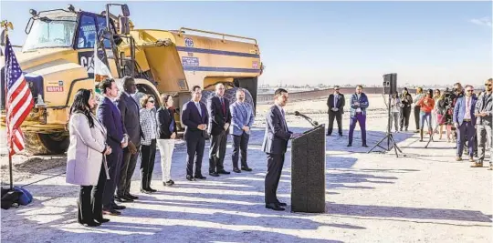  ?? EDUARDO CONTRERAS U-T ?? U.S. Transporta­tion Secretary Pete Buttigieg holds a news conference Friday at the site where the tolling facility is being built for the Otay Mesa East Port of Entry. He voiced his commitment to the project, but state officials pointed out that Congress still needs to approve more funding for constructi­on and staffing.