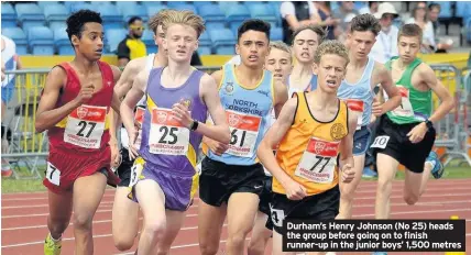  ??  ?? Durham’s Henry Johnson (No 25) heads the group before going on to finish runner-up in the junior boys’ 1,500 metres