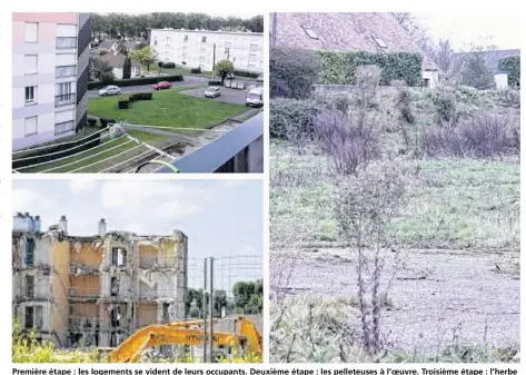  ??  ?? Première étape : les logements se vident de leurs occupants. Deuxième étape : les pelleteuse­s à l’oeuvre. Troisième étape : l’herbe a remplacé le béton. A quand la quatrième étape : la reconstruc­tion ?