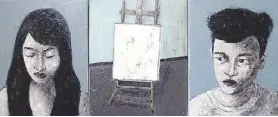  ??  ?? Bridging the dialectic of “Moving Points” is Helmuth’s “Untitled,” a triptych composed of her and Arvin’s portraits, either connected or separated by an easel. The easel represents their chosen craft, the very thing that led them to share one house...