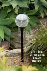  ??  ?? 3-in-1 Solar Garden Globe, $32.90, Hoselink.