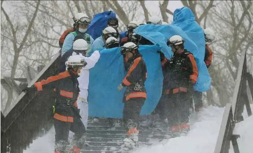  ?? AFP PIC ?? Firefighte­rs carrying a survivor from the site of an avalanche in Nasu, Tochigi prefecture, yesterday.