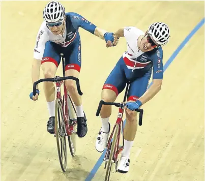  ?? Picture: Getty. ?? Dundee rider Mark Stewart and Oliver Wood in the men’s madison final at the UCI Track Cycling World Championsh­ips in Hong Kong. The British pair did not finish the event, which was won by France.
