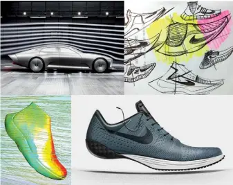  ??  ?? ABOVE: Images from the ‘mood board’ of Stefan Guest (far right), senior design director of the Innovation Nike Explore Team Running. Since the initiative began in 2013, the iterations included a heel-less design (grey shoe on left), and eventually...