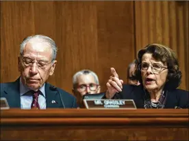  ?? OLIVIER DOULIERY/ABACA PRESS/TNS ?? Senate Judiciary Committee Chairman Chuck Grassley, R-Iowa, listens as ranking member Dianne Feinstein, D-Calif., speaks during a contentiou­s committee meeting Friday on the nomination of Judge Brett Kavanaugh to the U.S. Supreme Court.