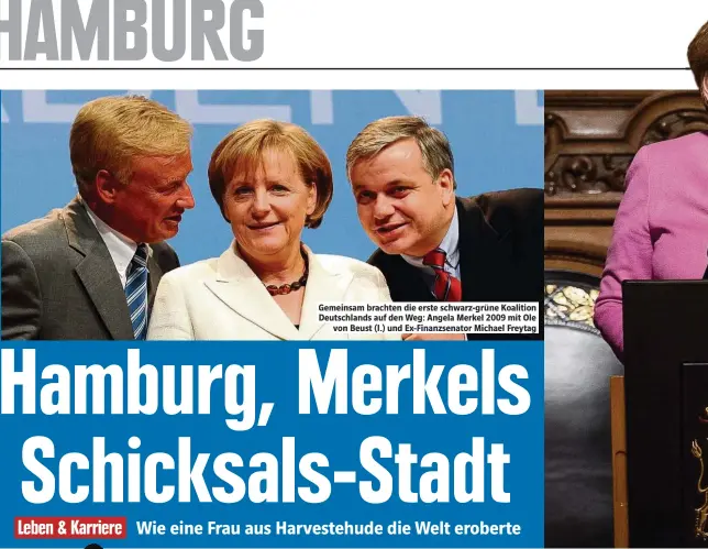  ??  ?? Gemeinsam brachten die erste schwarz-grüne Koalition Deutschlan­ds auf den Weg: Angela Merkel 2009 mit Olevon Beust (l.) und Ex-Finanzsena­tor Michael Freytag