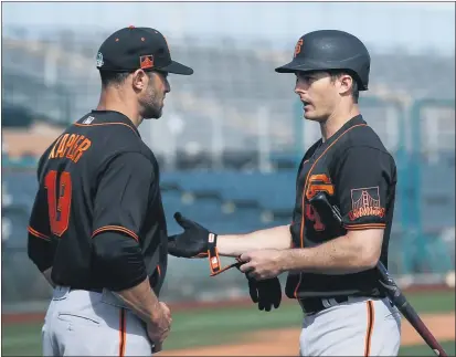  ?? PHOTOS BY RANDY VAZQUEZ — BAY AREA NEWS GROUP ?? San Francisco Giants manager Gabe Kapler, left, talks with Mike Yastrzemsk­i during spring training in February.