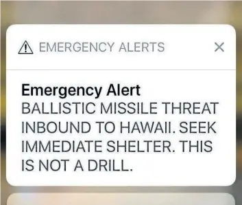  ?? CALEB JONES/THE ASSOCIATED PRESS ?? This smartphone screen capture shows a false incoming ballistic missile emergency alert sent from the Hawaii Emergency Management Agency system on Saturday.