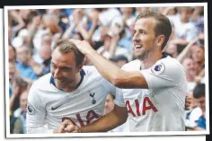  ?? Picture: GETTY IMAGES ?? Spurs striker Harry Kane celebrates breaking his August drought with Christian Eriksen, left.