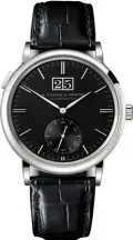  ??  ?? A LANGE & SÖHNE The Saxonia Outsize Date with a white-gold case and a solid silver black dial has a large date aperture at 12 o’clock, which is beautifull­y balanced with a subsidiary seconds window at 6 o’clock