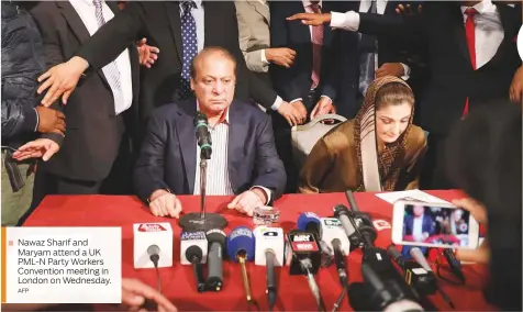  ??  ?? Nawaz Sharif and Maryam attend a UK PML-N Party Workers Convention meeting in London on Wednesday.