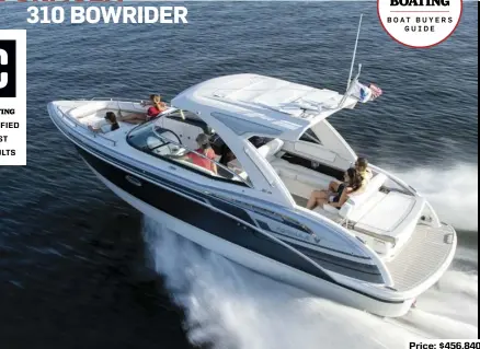  ??  ?? Price: $456,840
SPECS: LOA: 31'0" BEAM: 9'6" DRAFT: 3'1" DRY WEIGHT: 9.875 lb. SEAT/WEIGHT CAPACITY: Yacht Certified FUEL CAPACITY: 130 gal.
HOW WE TESTED: ENGINES: Twin Ilmor 6.2-liter 430 hp DRIVE/PROPS: Ilmor One-Drive sterndrive/Mercury Bravo dual 28" pitch stainless steel GEAR RATIO: 2.18:1 FUEL LOAD: 65 gal. CREW WEIGHT: 400 lb.