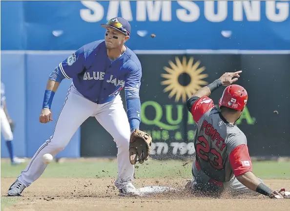  ?? PHOTOS: JOHN RAOUX/THE ASSOCIATED PRESS ?? Team Canada outfielder Dalton Pompey slides safely into second base as Toronto Blue Jays shortstop Troy Tulowitzki reaches for the throw after a wild pitch in the first inning on Tuesday in Dunedin, Fla. Canada won the exhibition match 7-1.