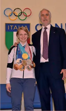  ??  ?? PORTABANDI­ERA Arianna Fontana, 27 anni, un oro, un argento e un bronzo nello short track all’Olimpiade di PyeongChan­g, insieme a Giovanni Malagò, 59, presidente del Coni al secondo mandato