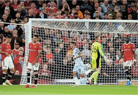  ?? Picture: JASON CAIRNDUFF/REUTERS ?? EASY NIGHT: West Ham United’s Manuel Lanzini celebrates scoring against Manchester United at Old Trafford, Manchester, on Wednesday