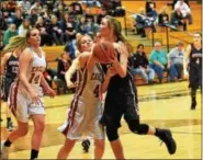  ?? AUSTIN HERTZOG — DIGITAL FIRST MEDIA ?? Boyertown’s Abby Kapp is fouled on a drive by Cumberland Valley’s Mackenzie Torresin.