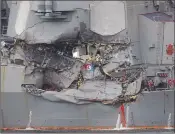  ?? Associated Press photo ?? Damaged part of USS Fitzgerald is seen at the U.S. Naval base in Yokosuka, southwest of Tokyo Sunday.