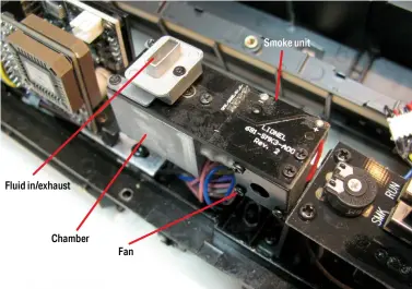  ??  ?? Fluid in/exhaust
Chamber
Fan
Smoke unit
After taking the shell off the U33C locomotive, I could get at the smoke unit to fix it.