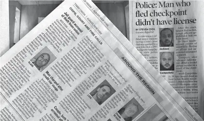  ?? Associated Press ?? ■ This photo shows a view of published New York state newspapers showing police mug shots of arrested people in Albany, N.Y. New York’s governor doesn’t want state police to routinely release mug shots of criminal suspects or arrest booking records about exactly what they are accused of doing. Democratic Gov. Andrew Cuomo’s proposal is the latest by states aimed at curtailing websites that claim to be able to remove mugshots from the web for a fee.