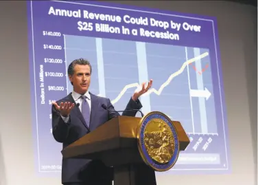  ?? Rich Pedroncell­i / Associated Press ?? Gov. Gavin Newsom presents his first budget, a $209 billion blueprint with many one-time expenditur­es.