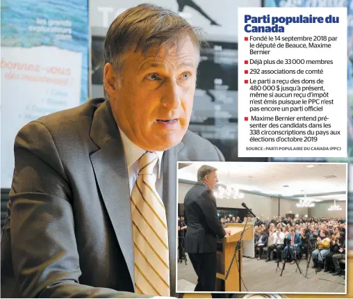  ?? PHOTOS STEVENS LEBLANC ET JEAN-LUC LAVALLÉE ?? Maxime Bernier a accordé de multiples entrevues à Québec, hier, afin de mousser son jeune parti, le Parti populaire du Canada (PPC). Il a rencontré Le Journal au Café au Temps Perdu de Sainte-foy, en après-midi. En mortaise, l’homme politique devant des partisans à Québec, hier.