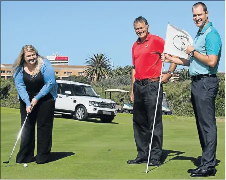  ?? Picture: FREDLIN ADRIAAN ?? IN SWING: Getting ready for the Links Festival of Golf at the Humewood Golf Club are, from left, Kirsty Munna, Andrew McLean and Brendon Timm