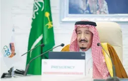  ?? ( Bandar Algaloud/ Courtesy of Saudi Royal Court) ?? SAUDI KING Salman bin Abdulaziz gives a speech during the virtual opening session of the 15th annual G20 Leaders’ Summit in Riyadh yesterday.