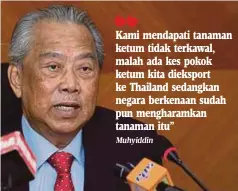  ?? Muhyiddin ?? Kami mendapati tanaman ketum tidak terkawal, malah ada kes pokok ketum kita dieksport ke Thailand sedangkan negara berkenaan sudah pun mengharamk­an tanaman itu”