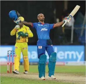  ?? (Sportzpics for BCCI) ?? Shikhar Dhawan of Delhi Capitals celebrates after their win over Chennai Super Kings in the Indian Premier League in Sharjah yesterday.