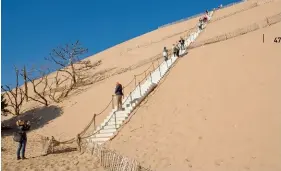  ??  ?? L’escalier qui permet d’accéder à la crête de la dune est installé juste avant Pâques. Il reste en place jusqu’aux vacances de la Toussaint, où il est démonté pour éviter son ensablemen­t. Bien sûr, le site est accessible toute l’année, même sans escalier… mais avec de bons mollets !