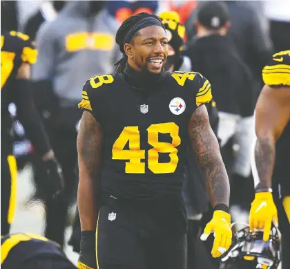  ?? JOE SARGENT/ GETTY IMAGES ?? Steelers linebacker Bud Dupree watches the action during the first half of Pittsburgh's victory over the Baltimore Ravens on Wednesday at Heinz Field. Dupree blew out his knee late in the game and will miss the remainder of the season for the unbeaten Steelers.