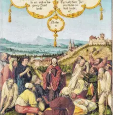  ?? FOTO: STIFTUNG SCHLOSS FRIEDENSTE­IN GOTHA ?? Detail aus der Mitteltafe­l des Gothaer Altars um 1538: Jesus lehrt und heilt Kranke – nicht in Galiläa, sondern vor der spiegelver­kehrten Kulisse von Herrenberg.