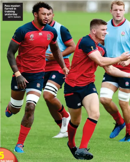  ?? GETTY IMAGES ?? Pass master: Farrell in training yesterday
